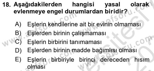 Aile Yapısı ve İlişkileri Dersi 2023 - 2024 Yılı Yaz Okulu Sınav Soruları 18. Soru