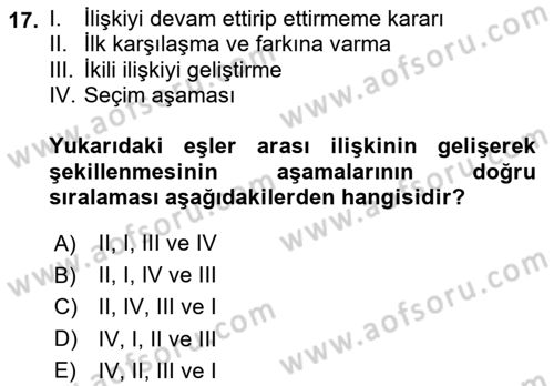 Aile Yapısı ve İlişkileri Dersi 2024 - 2025 Yılı (Vize) Ara Sınav Soruları 17. Soru