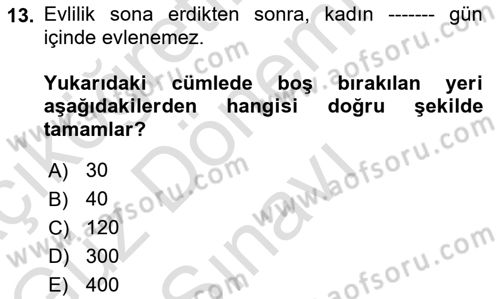 Aile Yapısı ve İlişkileri Dersi 2024 - 2025 Yılı (Final) Dönem Sonu Sınav Soruları 13. Soru