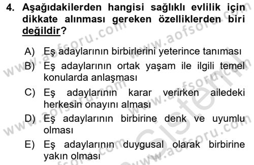 Aile Yapısı ve İlişkileri Dersi 2024 - 2025 Yılı (Final) Dönem Sonu Sınav Soruları 4. Soru