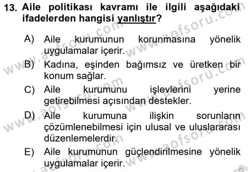 Aile Yapısı ve İlişkileri Dersi 2024 - 2025 Yılı Yaz Okulu Sınav Soruları 13. Soru