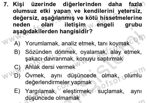 Aile Yapısı ve İlişkileri Dersi 2024 - 2025 Yılı Yaz Okulu Sınav Soruları 7. Soru