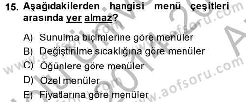 Genel Beslenme Dersi 2014 - 2015 Yılı (Vize) Ara Sınavı 15. Soru