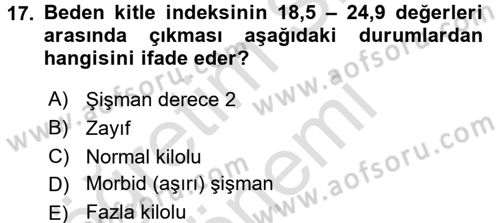 Genel Beslenme Dersi 2016 - 2017 Yılı (Final) Dönem Sonu Sınav Soruları 17. Soru