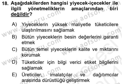 Genel Beslenme Dersi 2017 - 2018 Yılı (Vize) Ara Sınav Soruları 18. Soru