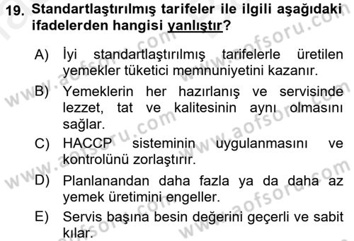 Genel Beslenme Dersi 2017 - 2018 Yılı (Vize) Ara Sınav Soruları 19. Soru