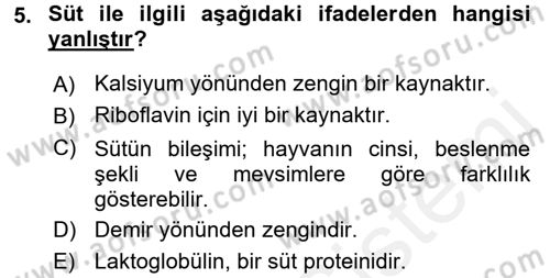 Genel Beslenme Dersi 2017 - 2018 Yılı (Vize) Ara Sınav Soruları 5. Soru