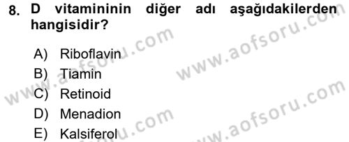 Genel Beslenme Dersi 2017 - 2018 Yılı (Vize) Ara Sınav Soruları 8. Soru