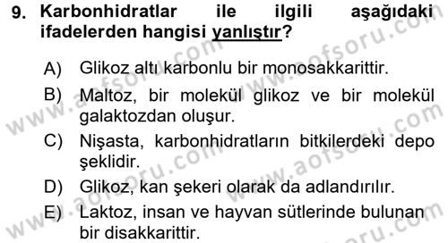 Genel Beslenme Dersi 2017 - 2018 Yılı (Vize) Ara Sınav Soruları 9. Soru