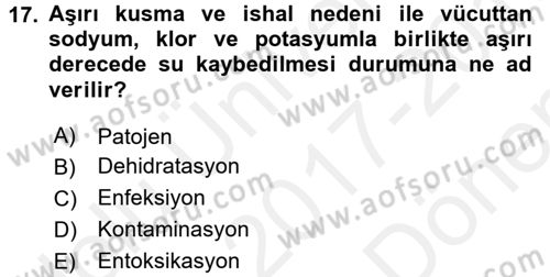 Genel Beslenme Dersi 2017 - 2018 Yılı (Final) Dönem Sonu Sınav Soruları 17. Soru
