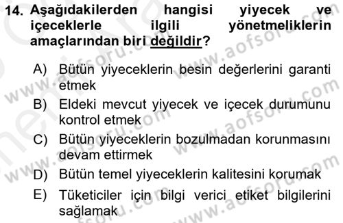Genel Beslenme Dersi 2018 - 2019 Yılı (Vize) Ara Sınav Soruları 14. Soru