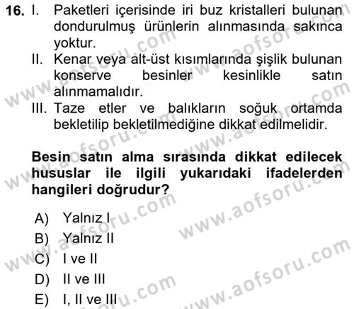 Genel Beslenme Dersi 2018 - 2019 Yılı (Vize) Ara Sınav Soruları 16. Soru