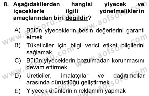 Genel Beslenme Dersi 2020 - 2021 Yılı Yaz Okulu Sınav Soruları 8. Soru