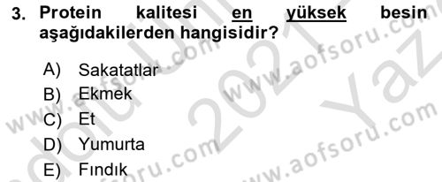 Genel Beslenme Dersi 2021 - 2022 Yılı Yaz Okulu Sınav Soruları 3. Soru
