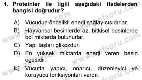 Genel Beslenme Dersi 2023 - 2024 Yılı (Vize) Ara Sınav Soruları 1. Soru