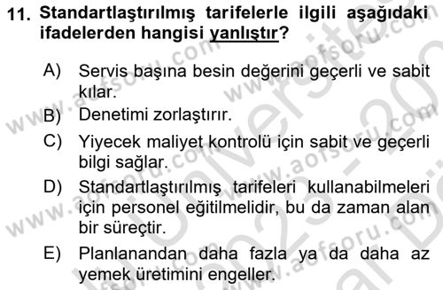 Genel Beslenme Dersi 2023 - 2024 Yılı (Vize) Ara Sınav Soruları 11. Soru