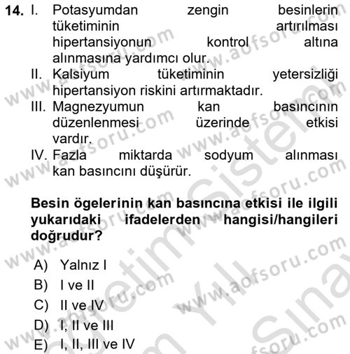 Genel Beslenme Dersi 2023 - 2024 Yılı (Final) Dönem Sonu Sınav Soruları 14. Soru