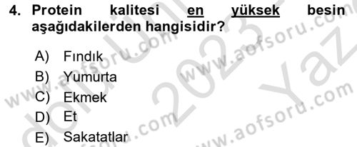 Genel Beslenme Dersi 2023 - 2024 Yılı Yaz Okulu Sınav Soruları 4. Soru