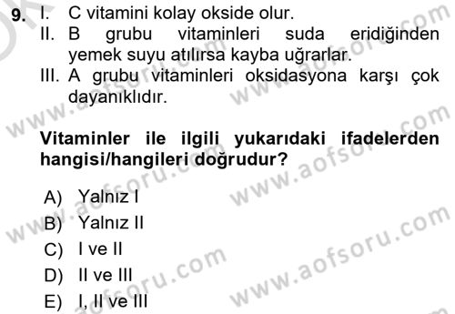 Genel Beslenme Dersi 2023 - 2024 Yılı Yaz Okulu Sınav Soruları 9. Soru