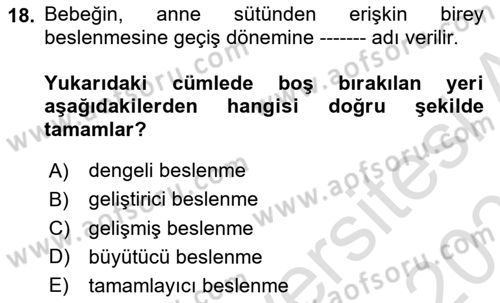 Genel Beslenme Dersi 2024 - 2025 Yılı (Final) Dönem Sonu Sınav Soruları 18. Soru