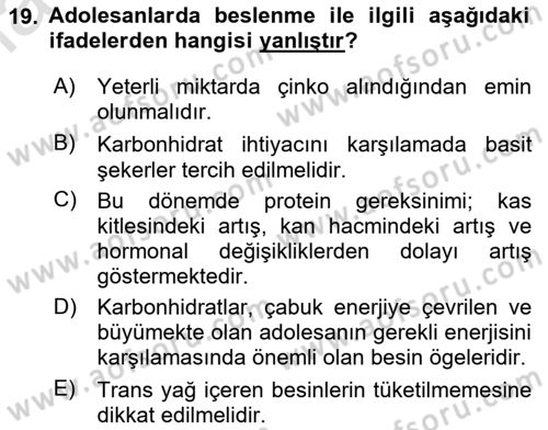 Genel Beslenme Dersi Yaz Okulu Sınavı Deneme Sınav Soruları 19. Soru