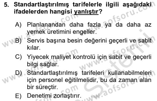 Genel Beslenme Dersi 2024 - 2025 Yılı Yaz Okulu Sınav Soruları 5. Soru