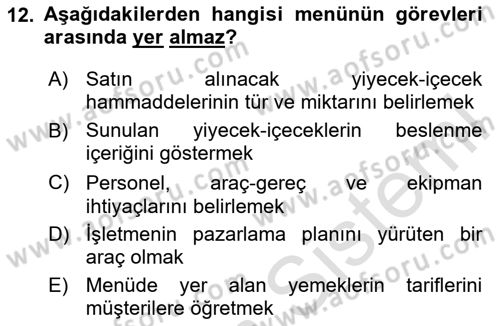 Genel Beslenme Dersi 2025 - 2026 Yılı (Vize) Ara Sınav Soruları 12. Soru