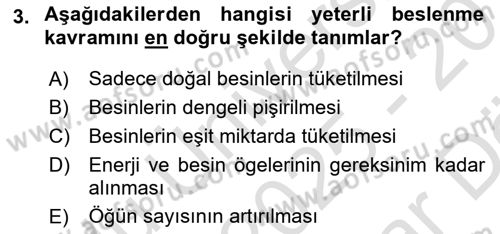 Genel Beslenme Dersi 2025 - 2026 Yılı (Vize) Ara Sınav Soruları 3. Soru