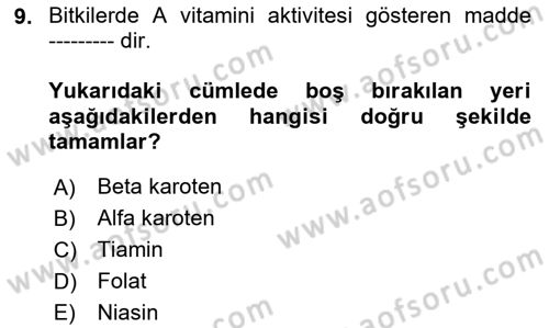 Genel Beslenme Dersi 2025 - 2026 Yılı (Vize) Ara Sınav Soruları 9. Soru