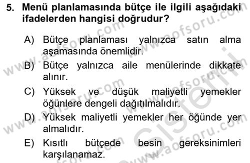Genel Beslenme Dersi 2025 - 2026 Yılı (Final) Dönem Sonu Sınav Soruları 5. Soru