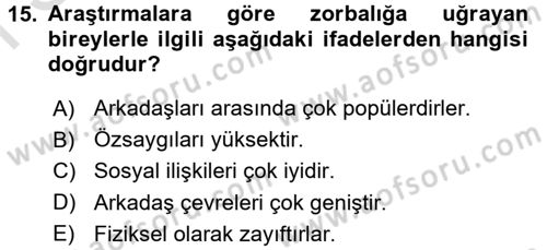 Çocuk ve Ergen Bakımı Dersi 2015 - 2016 Yılı (Final) Dönem Sonu Sınav Soruları 15. Soru
