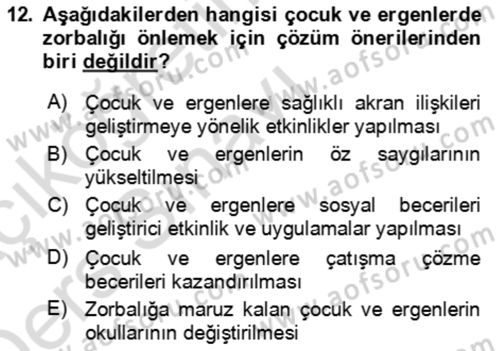 Çocuk ve Ergen Bakımı Dersi 2018 - 2019 Yılı 3 Ders Sınav Soruları 12. Soru