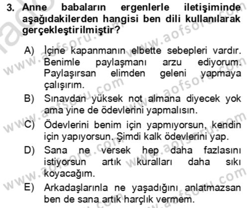Çocuk ve Ergen Bakımı Dersi 2018 - 2019 Yılı 3 Ders Sınav Soruları 3. Soru