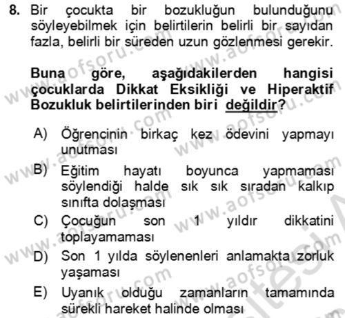 Çocuk ve Ergen Bakımı Dersi 2018 - 2019 Yılı 3 Ders Sınav Soruları 8. Soru