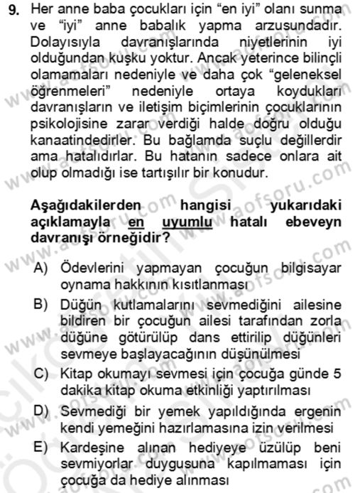 Çocuk ve Ergen Bakımı Dersi 2018 - 2019 Yılı (Vize) Ara Sınav Soruları 9. Soru