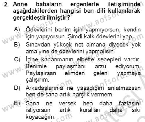 Çocuk ve Ergen Bakımı Dersi 2020 - 2021 Yılı Yaz Okulu Sınav Soruları 2. Soru