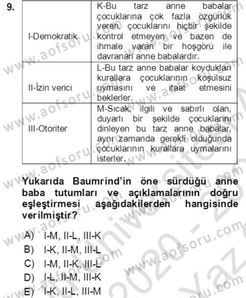 Çocuk ve Ergen Bakımı Dersi 2020 - 2021 Yılı Yaz Okulu Sınav Soruları 9. Soru