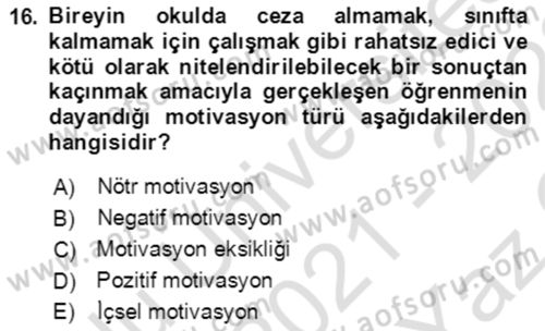 Çocuk ve Ergen Bakımı Dersi 2021 - 2022 Yılı Yaz Okulu Sınav Soruları 16. Soru