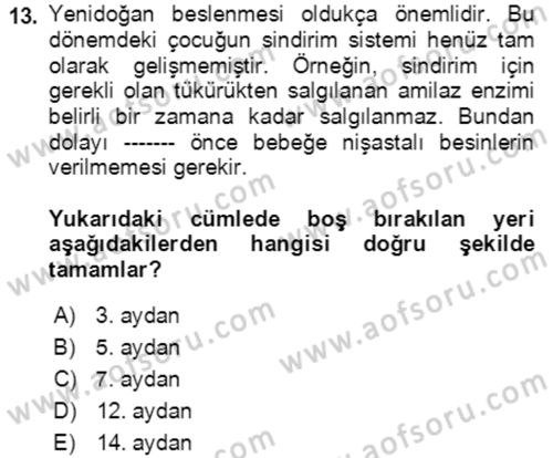 Çocuk ve Ergen Bakımı Dersi 2022 - 2023 Yılı Yaz Okulu Sınav Soruları 13. Soru