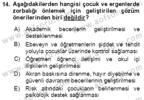 Çocuk ve Ergen Bakımı Dersi 2022 - 2023 Yılı Yaz Okulu Sınav Soruları 14. Soru
