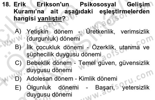 Çocuk ve Ergen Bakımı Dersi 2023 - 2024 Yılı (Vize) Ara Sınav Soruları 18. Soru