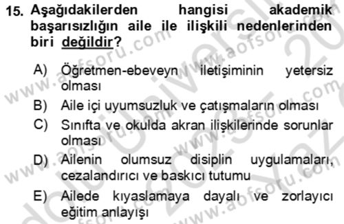 Çocuk ve Ergen Bakımı Dersi 2023 - 2024 Yılı Yaz Okulu Sınav Soruları 15. Soru