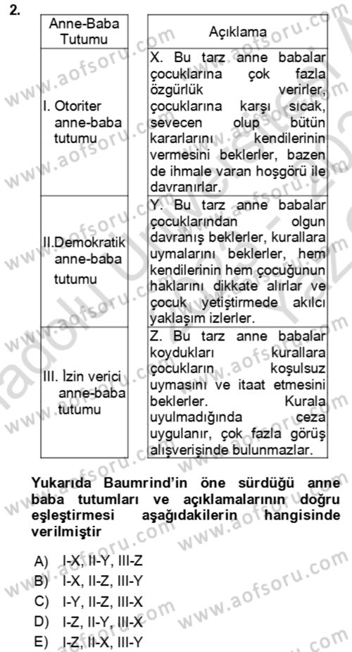 Çocuk ve Ergen Bakımı Dersi 2023 - 2024 Yılı Yaz Okulu Sınav Soruları 2. Soru