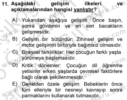 Çocuk ve Ergen Bakımı Dersi 2024 - 2025 Yılı (Vize) Ara Sınav Soruları 11. Soru