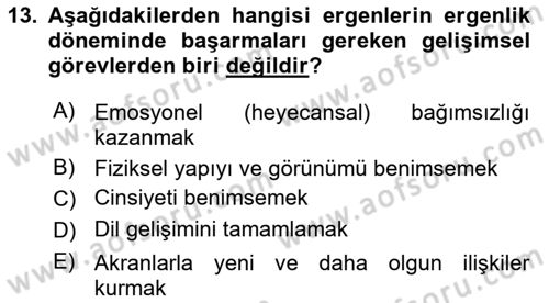 Çocuk ve Ergen Bakımı Dersi 2024 - 2025 Yılı (Vize) Ara Sınav Soruları 13. Soru