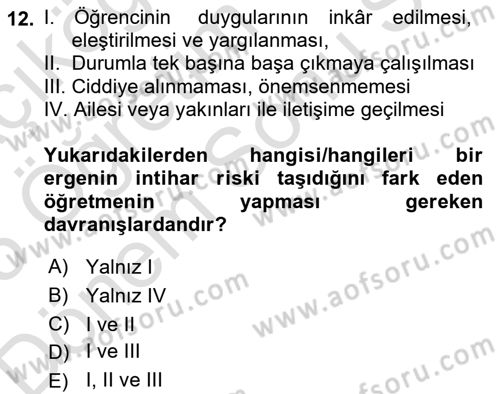 Çocuk ve Ergen Bakımı Dersi 2024 - 2025 Yılı (Final) Dönem Sonu Sınav Soruları 12. Soru