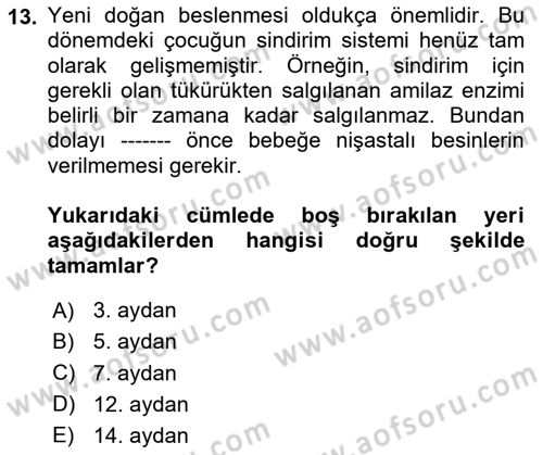 Çocuk ve Ergen Bakımı Dersi 2024 - 2025 Yılı (Final) Dönem Sonu Sınav Soruları 13. Soru