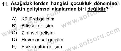 Çocuk ve Ergen Bakımı Dersi 2025 - 2026 Yılı (Vize) Ara Sınav Soruları 11. Soru