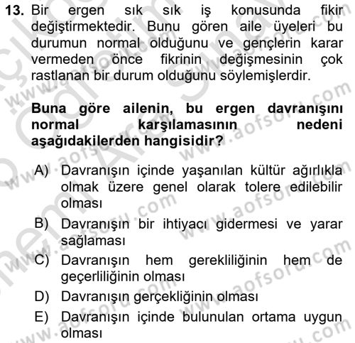 Çocuk ve Ergen Bakımı Dersi 2025 - 2026 Yılı (Vize) Ara Sınav Soruları 13. Soru