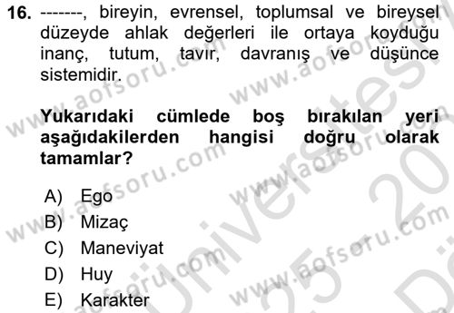 Çocuk ve Ergen Bakımı Dersi 2025 - 2026 Yılı (Vize) Ara Sınav Soruları 16. Soru